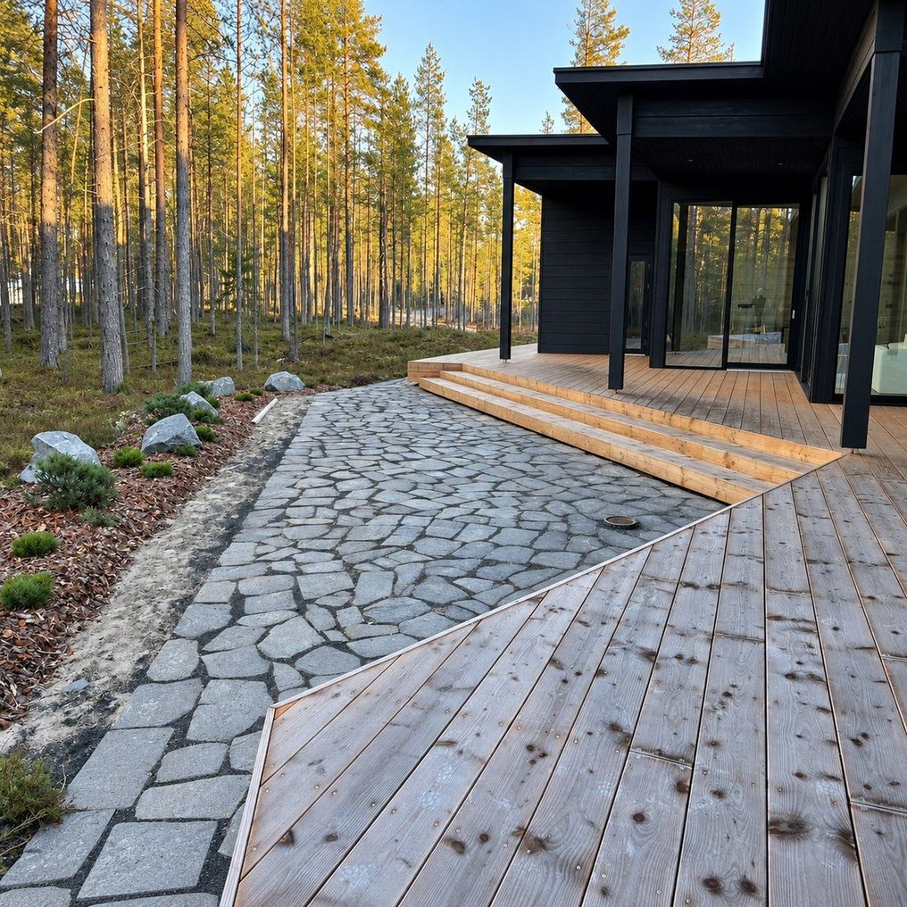 Luonnonkivipolku ja puuterassi mäntymetsän reunassa ilta-auringossa